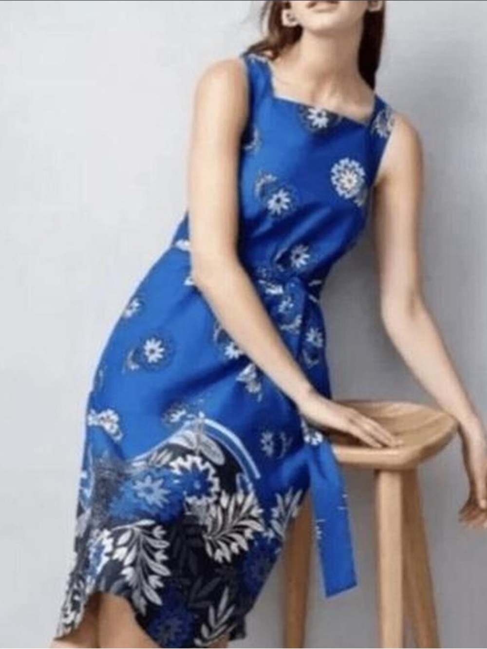Ann Taylor Royal Blue Floral Tie-Waist Dress